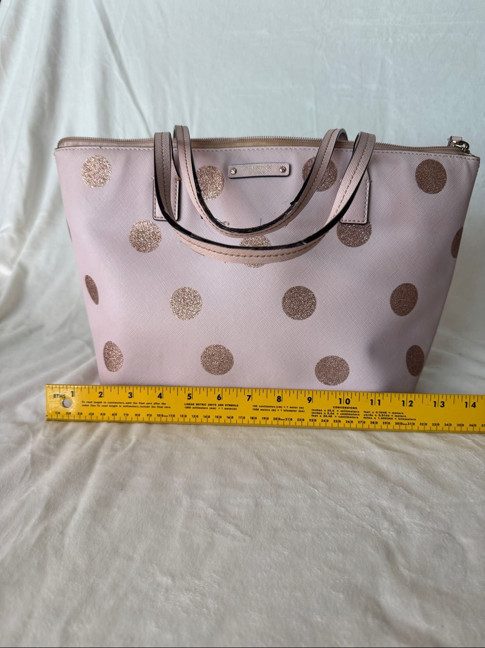 Kate Spade Polka Dot Tote Bag White Gold Large Shoulder Purse Cute Classic - Picture 8 of 10